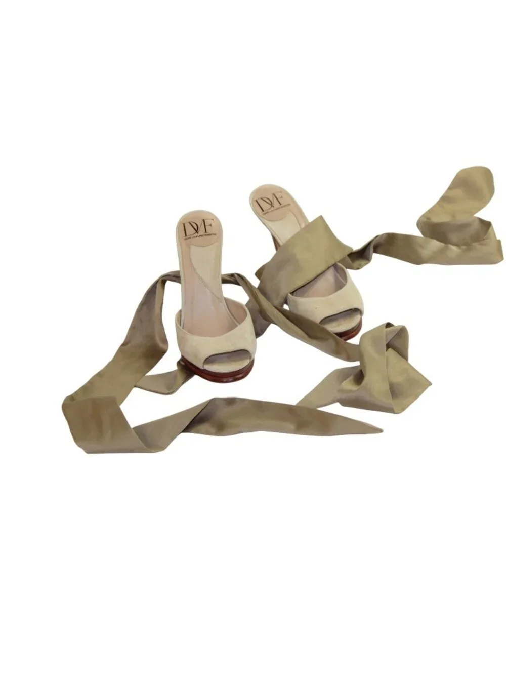 DVF Diane Von Furstenberg Eva Sand Suede Silk Scarf Wrap PeepToe Stiletto Sandal